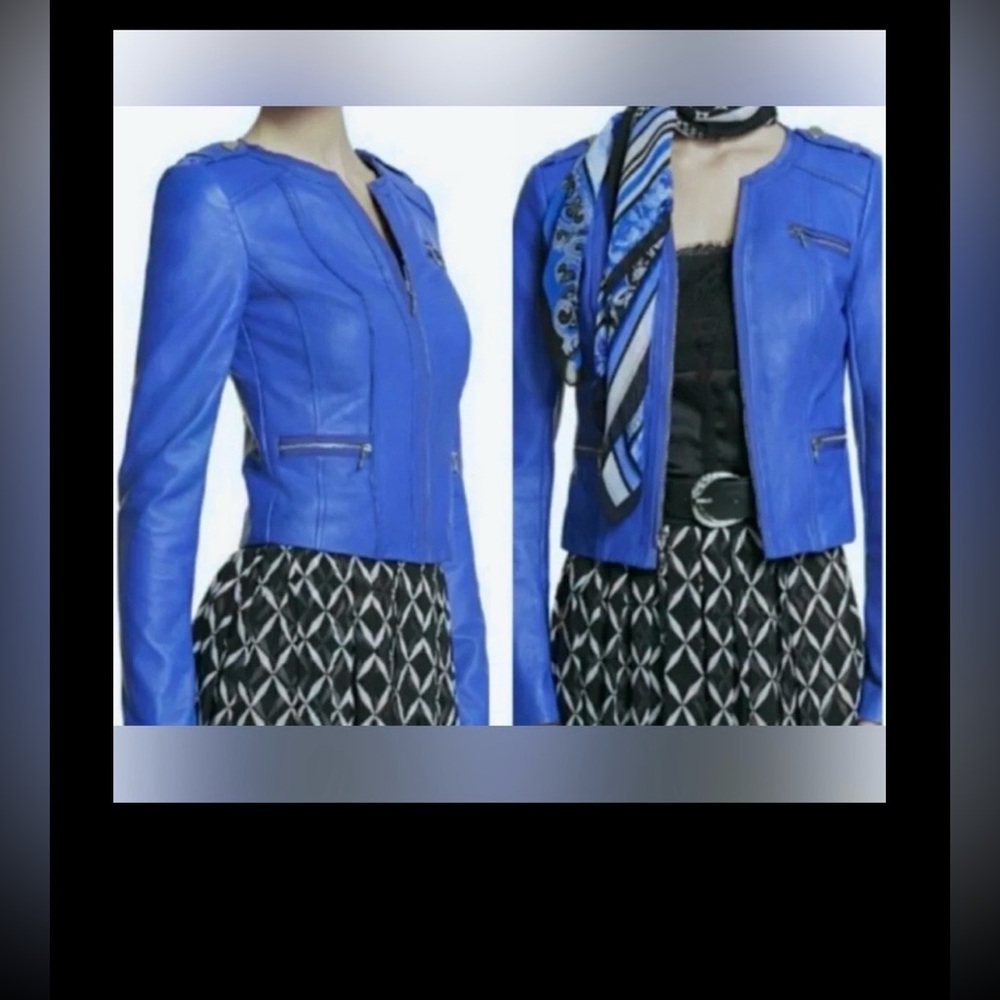 Vintage White House Black Market Blue LeatherJacket Slim Fit with Epilates Sz. M